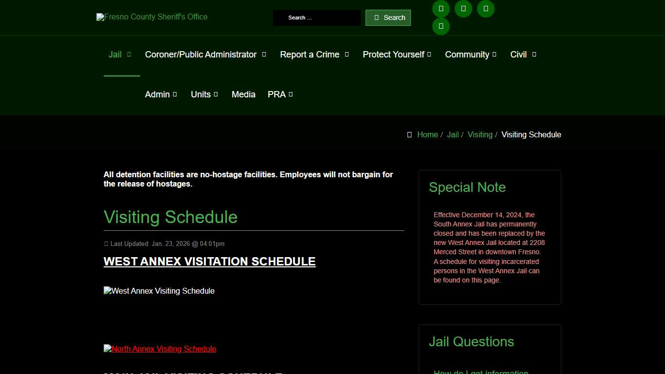 The Fresno County Sheriff-Coroner's Office - Visiting Schedule